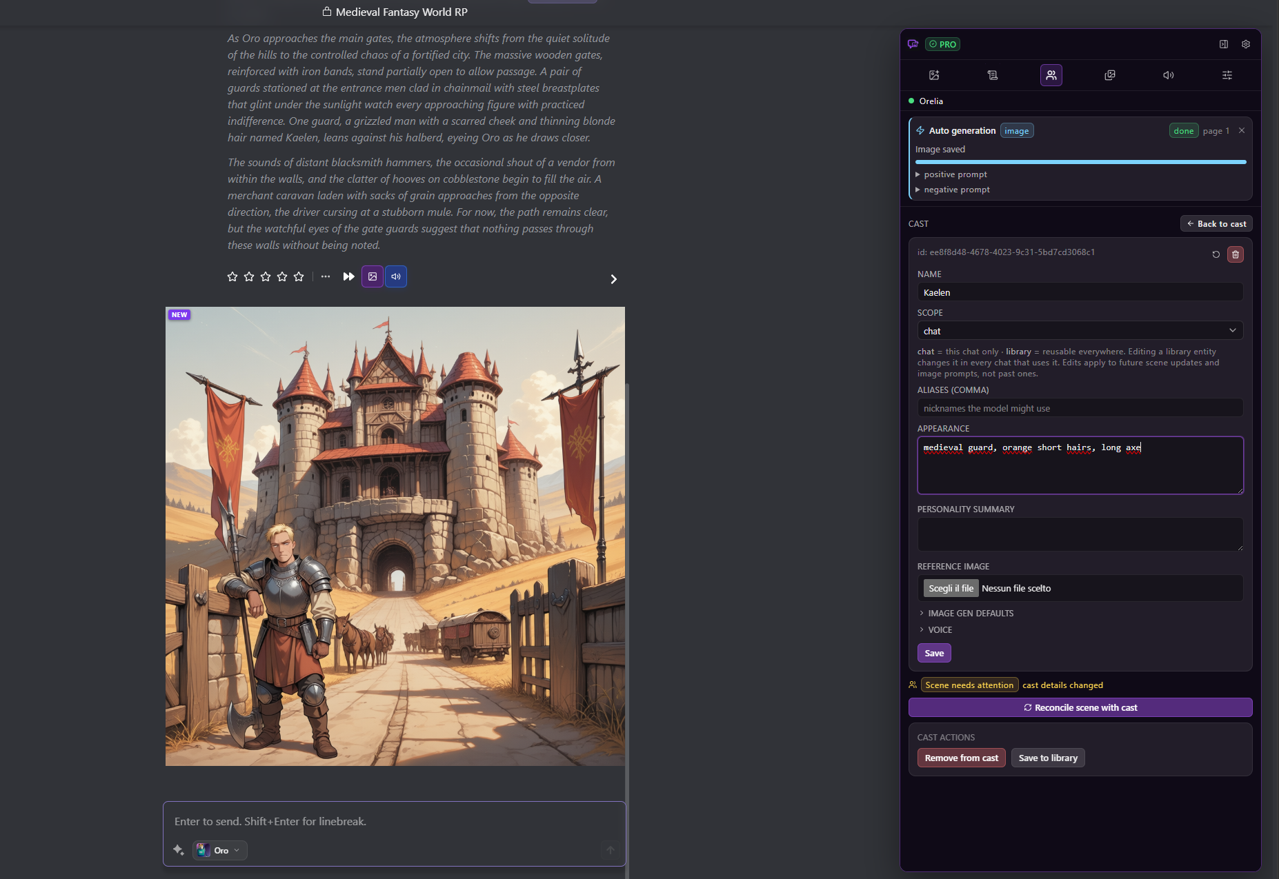 Toolkit cast editor with a generated fantasy image in the JanitorAI chat