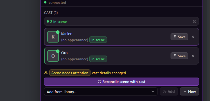 Cast members added with a Scene needs attention warning and Reconcile scene with cast button