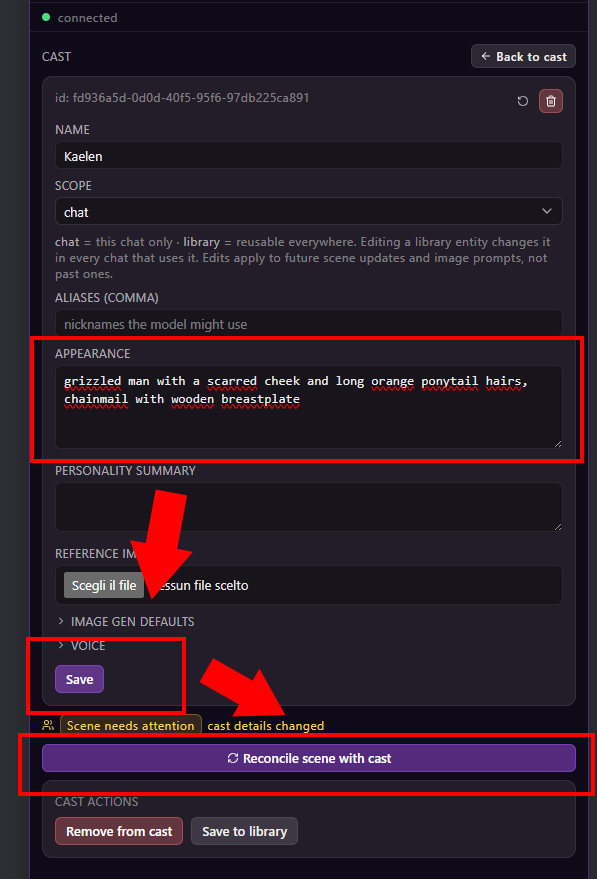 Kaelen cast editor showing an orange ponytail appearance, Save, and Reconcile scene with cast