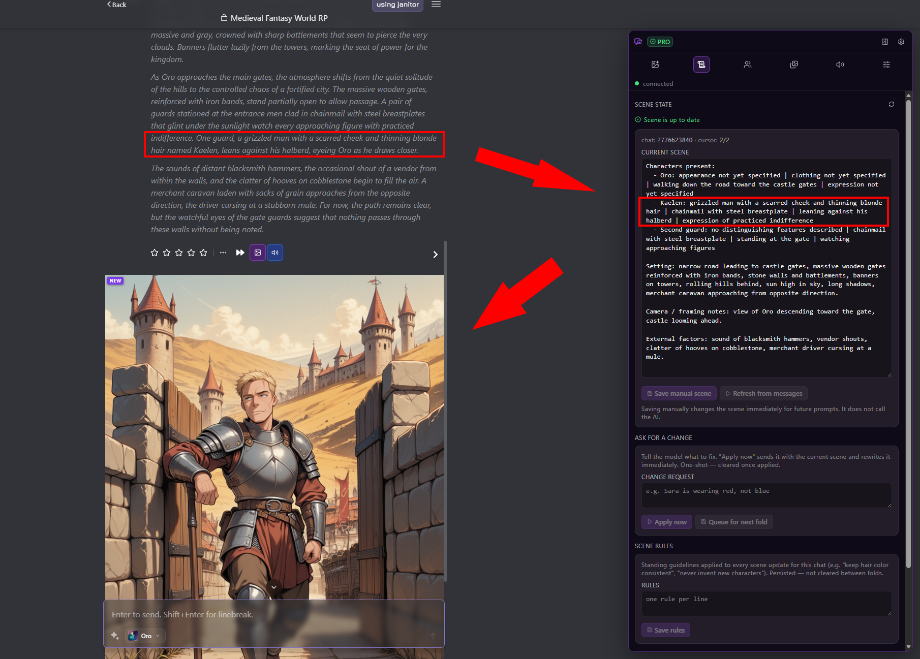 Chat, generated image, and Scene tab highlighting an incorrect description of Kaelen