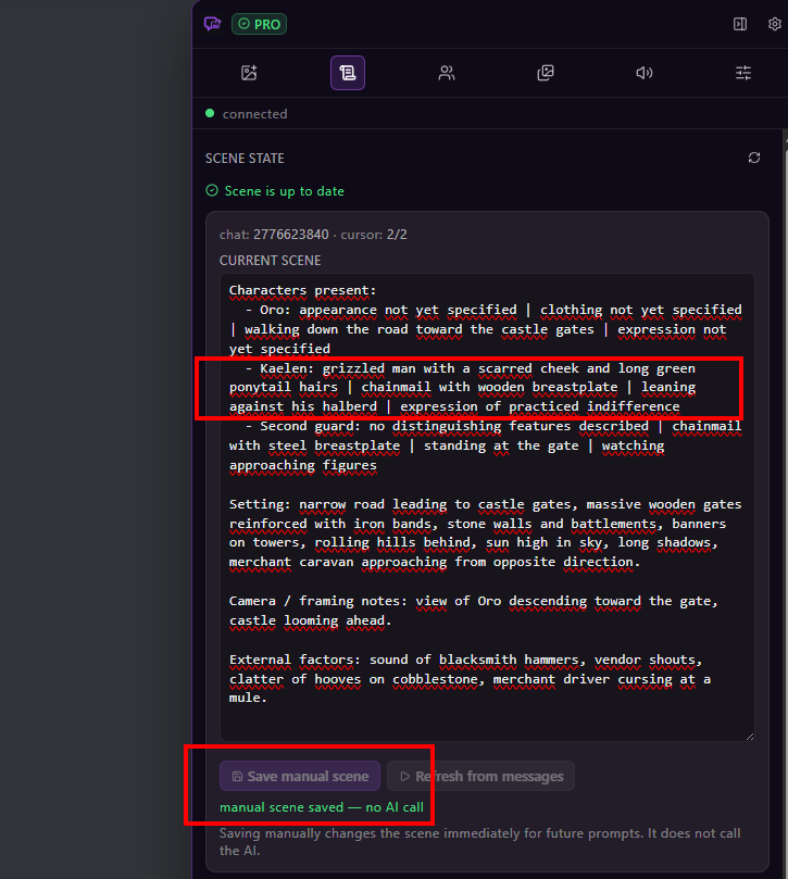 Scene editor with Kaelen's corrected green ponytail description and manual scene saved confirmation