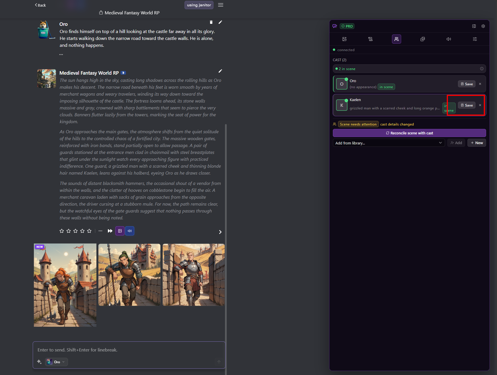 Cast tab highlighting the control used to save Kaelen for reuse