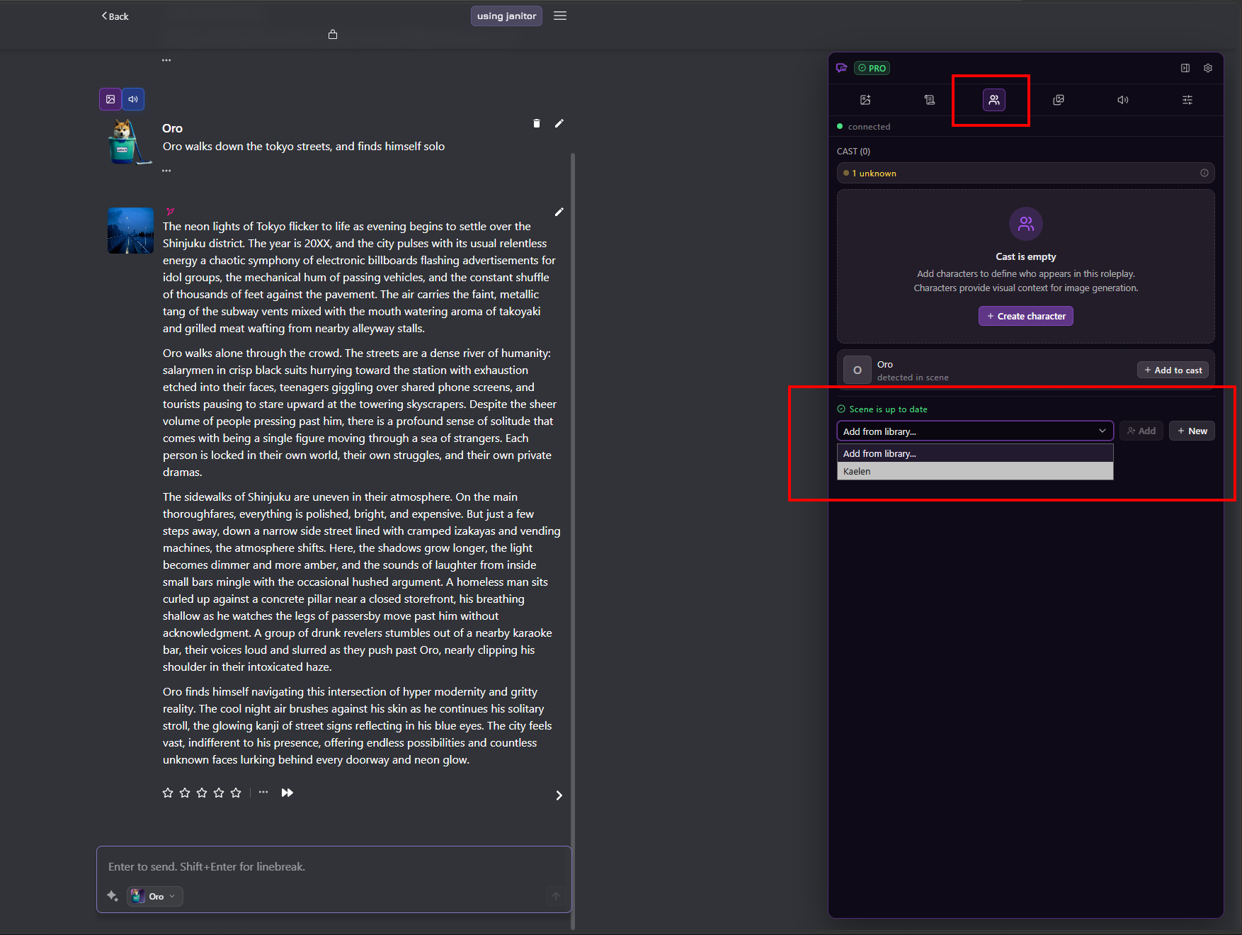 Another chat with Kaelen selected in the Add from library menu