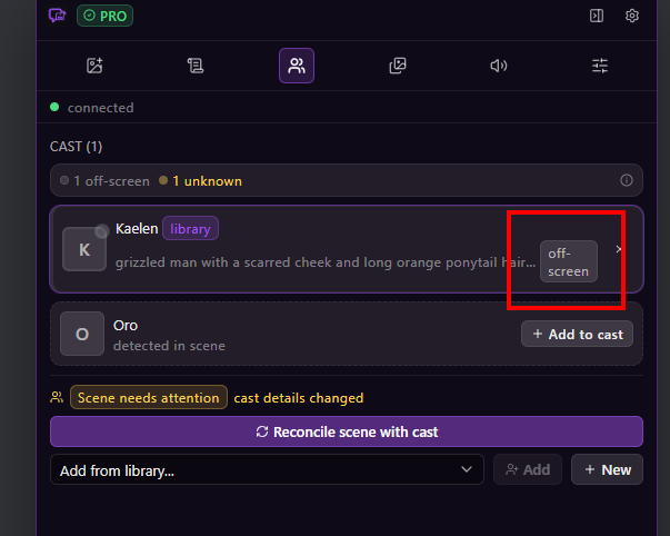 Library character Kaelen added to the cast and marked off-screen