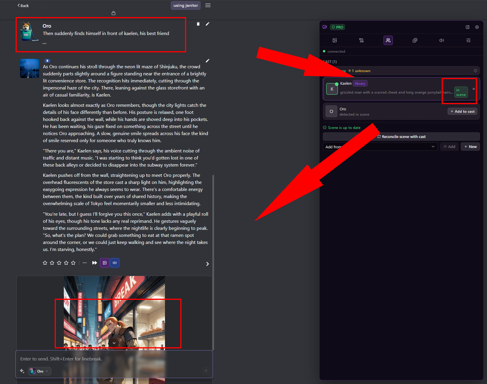 Chat introducing Kaelen and Cast tab showing the library character now in scene
